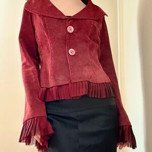 Danier Deep Red Genuine Suede Leather Women's Blazer with Ruffle Trim